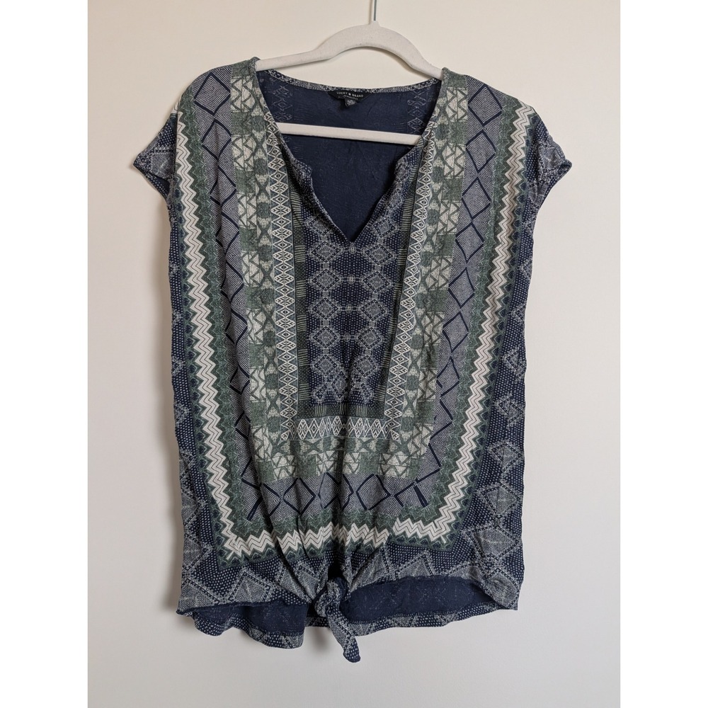 Lucky Brand Womens Blue Green Geometric Boho Vneck Tie Front Short Sleeve Top